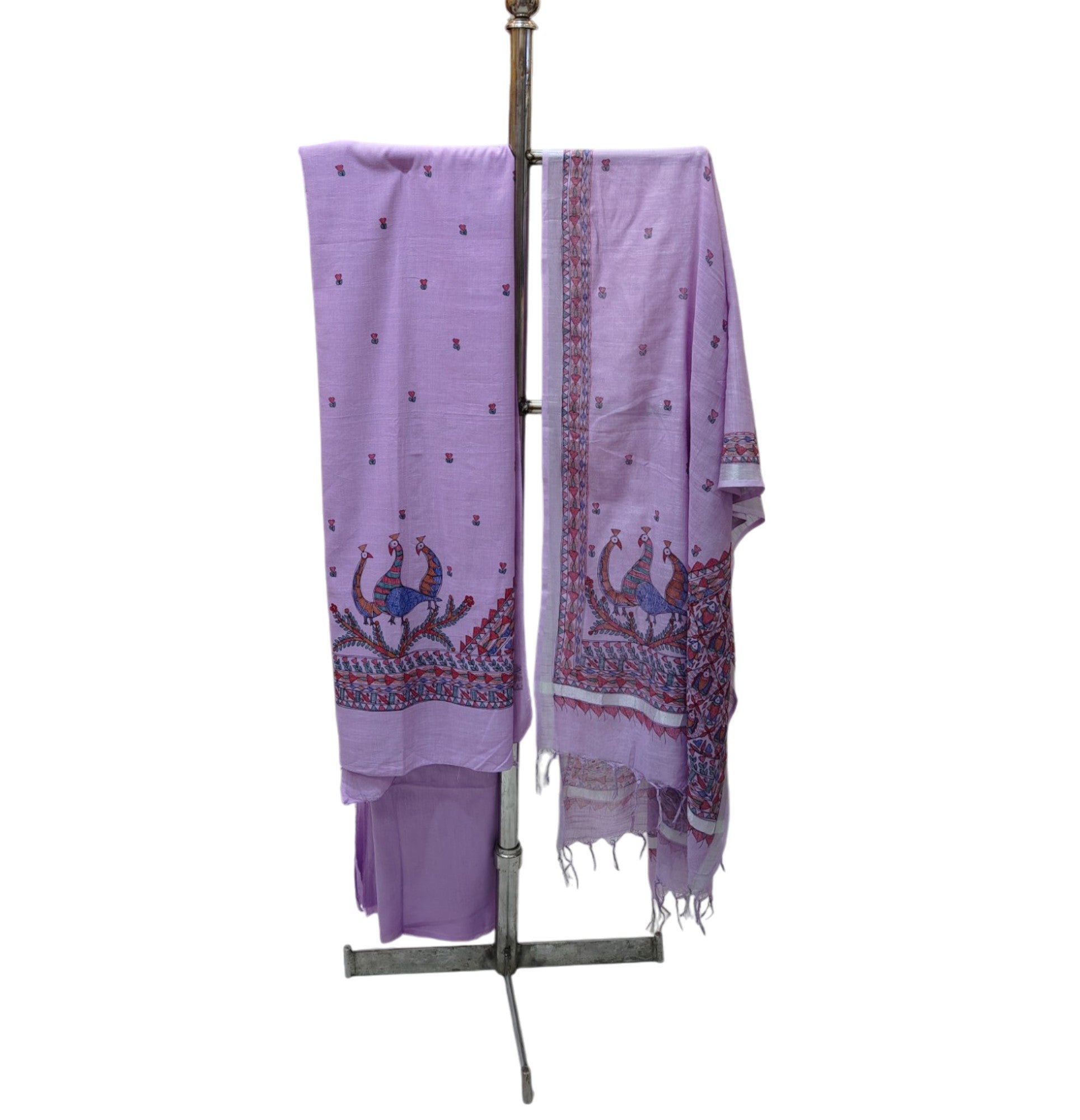 Hand-Painted Madhubani Unstitched Cotton Suit Set in Lavender